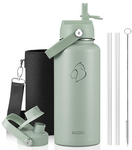 BUZIO 32 oz Water Bottle Insulated, Leakproof Stainless Steel Flask (Cold for 48 Hrs), Wide Mouth BPA-Free Metal Thermo Hydro Canteen with 2 Lids, Sage Green
