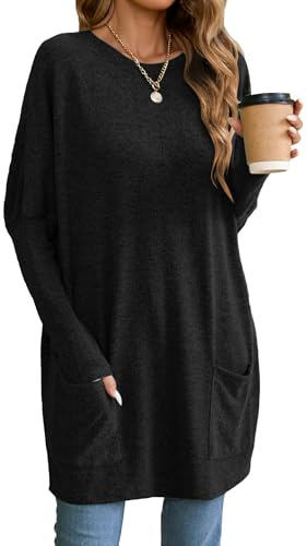 Famulily Lange Tuniken für Damen, lässig, einfarbig, übergroßes langes T-Shirt, Rundhalsausschnitt, Sweatshirt mit Taschen