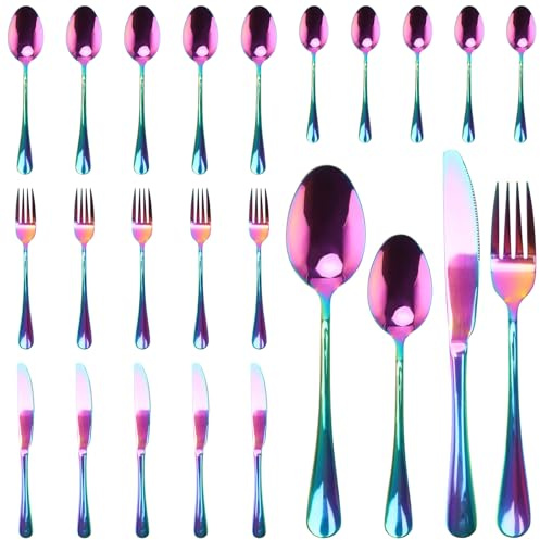 24-teiliges Regenbogen Edelstahl Besteckset, Besteck Set 6 Personen