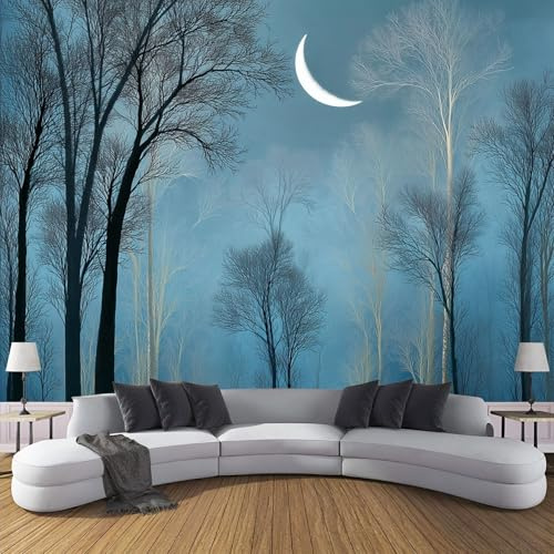 Fototapete 200x140cm Seide Tapeten XXL Wald Bei Nacht Wandtapete Winterbaumstamm 3D Effekt Wand Dekoration für Wohnzimmer Schlafzimmer Korridor - Graublau