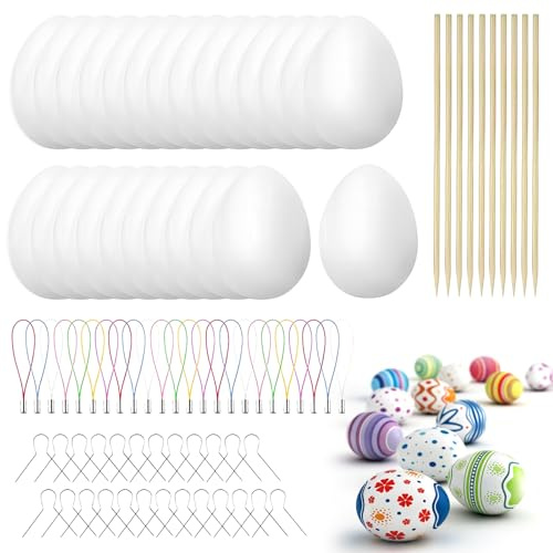 ZoneYan 25 Stück Ostereier zum Bemalen, 6 cm Ostereier Plastik Weiß mit Seil, Ostereier zum Aufhängen, Ostern Deko, Plastikeier Deko Kunststoff Eier zum Basteln, Osterdekoration für die Osterjagd