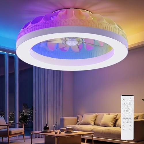 Ateroll Ventilatore Da Soffitto Con Luce, 46 cm Lampada Ventilatore e Telecomando,Dimmerabile 3000K-4000K-6500K-RGB,6 Velocità, Memoria Timer Illuminazione,Modalità Estate e Inverno (Bianco)