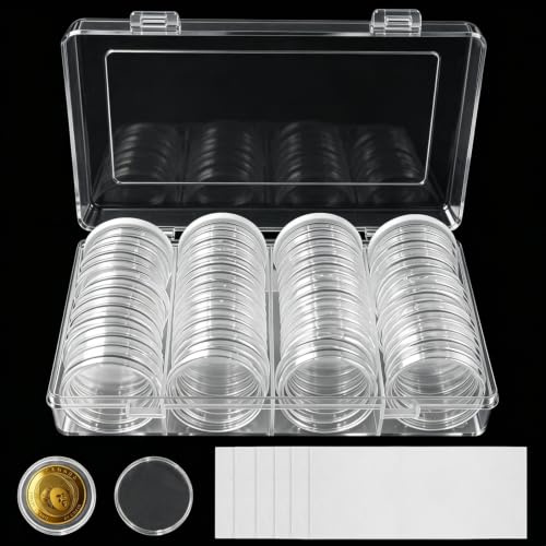 Vidoxdu Lot de 60 capsules pour pièces de 40 mm, adaptées pour 8 tailles 17/20/22/25/27/30/38/40 mm, boîte de rangement pour pièces avec joint de protection en EVA, boîte pour conserver des pièces de