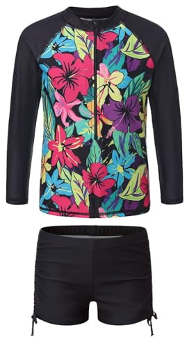 Girls Swimming Costume Two Piece Rash Guard Swimsuits Swim Set Kids Bathing Suit Long Sleeve Rash Vest with Shorts Summer Beach Surfing Swimwear 13-14 Years