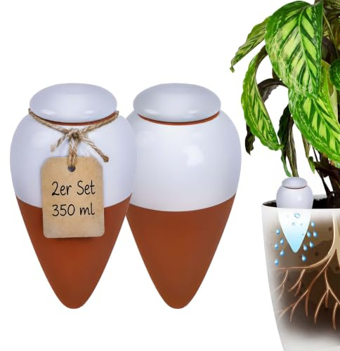 Relaxdays Tonkegel Bewässerung, 2er Set, 350 ml, terrakotta/weiß | Gießhelfer mit Deckel, Zimmerpflanzen & Balkonkästen