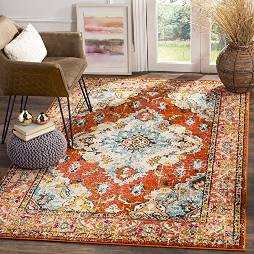 SAFAVIEH Boho Teppich für Wohnzimmer, Esszimmer, Schlafzimmer - Monaco Collection, Kurzer Flor, Orange und Hellblau, 122 X 170 cm | 1 cm Flor, Teppich für den Innenbereich, langlebig, kinder- und haustierfreundlich, Polypropylen-Fasern, pflegeleicht