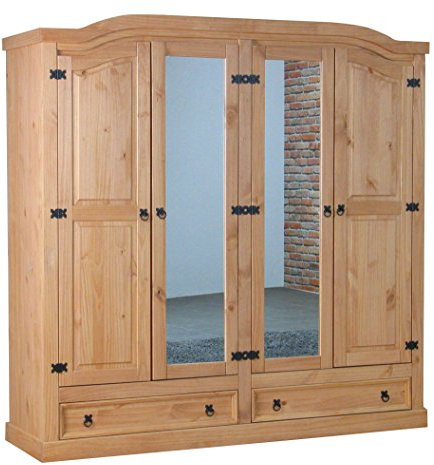 Dynamic24 4-türiger Kleiderschrank New Mexico Kiefer massiv Natur mit Spiegel 2 Schubladen Spiegelschrank Mexiko Schlafzimmer Garderobenschrank Schrank Möbel