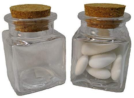 12 BARATTOLI IN VETRO QUADRATO PER CONFETTI CON TAPPO IN SUGHERO 50 ML 5 X 4 CM