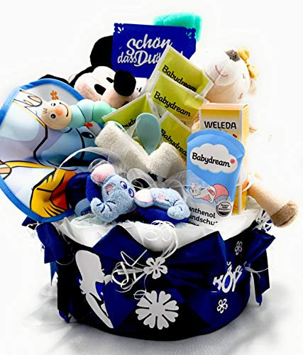 Windeltorte - mit Pflegeprodukte, Tee, Spieluhr, Kuscheltier, Rasselsöckchen und Trinkflasche, Tolles Geschenk zur Geburt