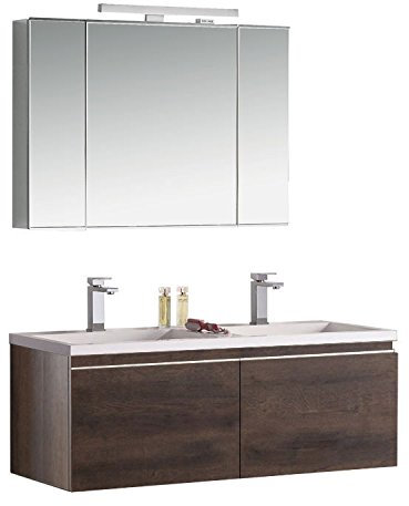 StoneArt Badmöbel-Set mit Mineralguss Waschbecken und Unterschrank und LED Spiegelschrank Waschtisch als Einzel- oder Doppelwaschbecken Milano ME-1200-1 Eiche dunkel 120cm