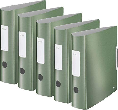Leitz 11080053 Multifunktions-Ordner (A4, Runder Rücken 8,2 cm Breite, Gummibandverschluss, Gebürstete Alu-Optik, Kunststoff, Ergonomische Form, Active Style) seladon grün (5er Set | breit)