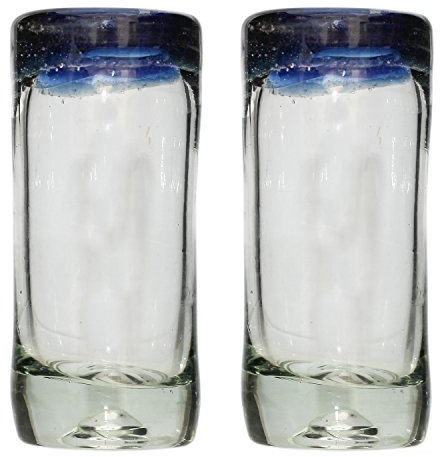 Tumia LAC Vaso de Chupito/Tequila Artesanal – Vidrio Reciclado – Borde azul – Juego de 2