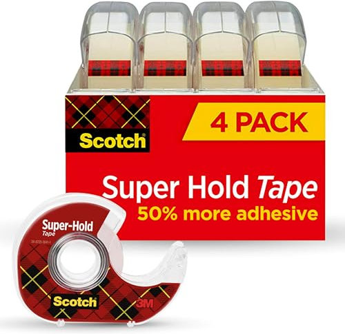 Scotch Super-Hold Tape, finitura trasparente, 4% più adesivo, il preferito, di fiducia, 19 mm x 16 m, con dispenser.
