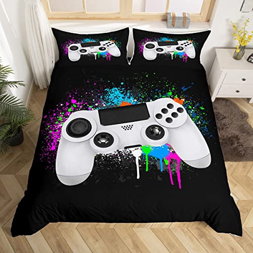 Loussiesd Gaming Duvet Cover Boys Gamer Bedding Set White Video Game Gamepad Comforter Cover For Teens Kids Children Bedroom Decor Colorful Tie Dye Modern Game Controller Bedspread Cover Single