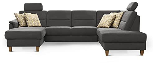 CAVADORE Wohnlandschaft Palera / U-Form Federkern-Sofa mit Schlaffunktion, Stauraum und 2 Kopfstützen / 314 x 89 x 212 / Mikrofaser, Grau