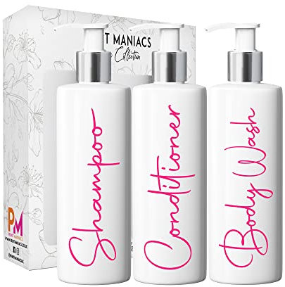 Print Maniacs White Mrs Hinch Inspired Personalised 500ml Pump Bottles Bathroom Lotion Kitchen Set Shampoo Conditioner ( 3 Set, F2 ) (Pink)
