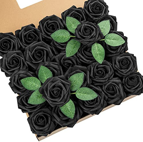 DuHouse Künstliche Rosen Blumen Fake Schaumstoff Rosen Köpfe mit Stiel Künstliche Blumen Rose für Hochzeit Home Party Baby Dusche Valentinstag Deko(25 Stück,Schwarz)
