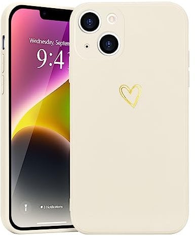 Wirvyuer for iPhone 14 Case with Cute Heart Pattern Soft Shockproof Protective Silicone Phone Case for Women Girls, Beige