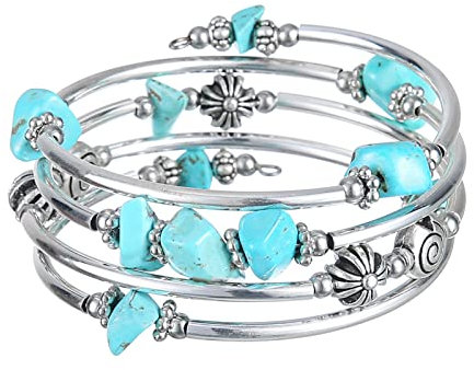 FULU AUTUMN Damen Boho Armband mit Mehrschichtiges Perlen Silber Wickelarmband Modeschmuck Geschenke zum Geburtstag und Muttertag für Frauen(19-Turquoise)