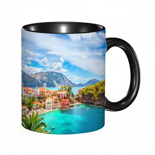 Tasse Keramik Assos-Dorf in Kefalonia Griechenland Kaffeetassen Große 330ml Mit Henkel 100% Handbemalt Trinkgläser Mit Griff Personalisierte Geschenk