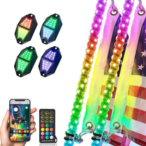 Difference U LED Fouet lumineux en spirale RGB+LED Rock Lights Kits, Refroidir Lumière Underglow, Atmosphère Décorative de voiture pour ATV RZR UTV SUV Off Road Auto Moto (3FT, 4pods)