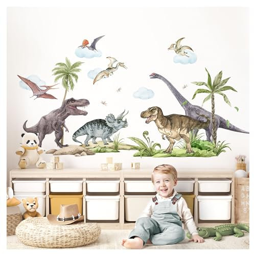 Little Deco Wandtattoo Dinosaurier Set Wandsticker Tiere Kinderzimmer Jungen Wandaufkleber für Babyzimmer Dino Palmen Wanddeko Sticker DL5014-03