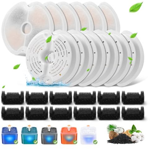 Filtro Fuente de Agua Gato, 12 Piezas de Filtro de Repuesto para Fuente de Gato 67oz/2L con iluminación Nocturna LED, 12 filtros con carbón Activo y 12 filtros de Espuma para 2L Fuente Gato Perro