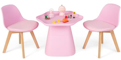 GOPLUS - Mesa infantil con 2 sillas, mesa de actividades con bandeja cóncava, asiento acolchado, patas de madera maciza, mesa pequeña rosa para aprender, jugar, comer, para niña niño de 3 a 8 años