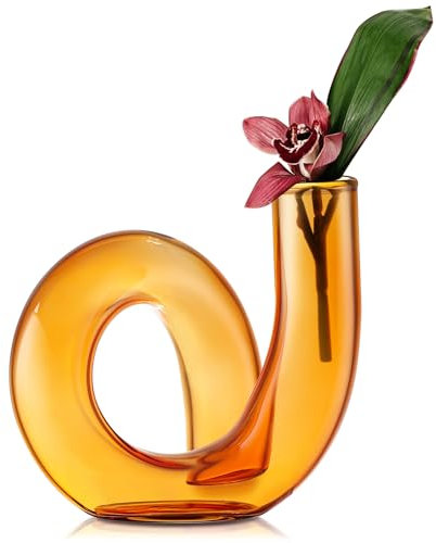 Joeyan Petit Vase à Fleurs en Verre Orange - Fait à La Main, Décoratif Géométrique pour Centres de Table Modernes, Salon, Bureau - Abstrait de 12cm pour Fleurs Simples et Sèches
