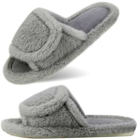 CCSOFTIME Women Fluffy Slippers Wide Fit,Grey Warm Fur Slippers Open Toe Mule Diabetic Memory Foam Slip On Slipper with Adjustable Strap House Shoes for Indoor Bedroom,Grey(UK5/6)