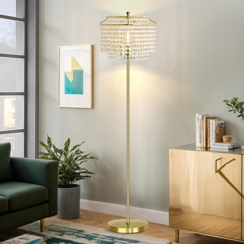 GyroVu Lampadaire sur Pied Crystal - Lampadaire Moderne avec Interrupteur au Pied, Lampadaire Grand avec Double Abat-Jour pour Salon, Chambre, Bureau (Ampoule Incluse) - Lampadaire Doré