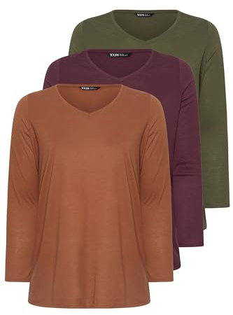 Yours 3 Pack Curve & Khaki Green Long Sleeve V-Neck T-Shirts - Women's - Plus Size Curve