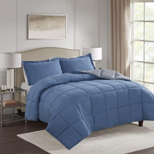 HIG 2 Pieces Dusty Blue Coverless Duvet Single - 135 x 200cm - Baffle Box Design - 10.5 Tog Down Alternative Reversible Comforter Set with 1 Sham - Corner Duvet Tabs - Machine Washable, Warm, Soft