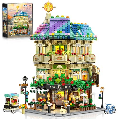 INSOON Blumen Cafe Haus Bauspielzeug mit Licht, 1876 Stück Stadt Laden Architektur Bausatz Modell, Kaffee Häuser Klemmbausteine Konstruktion Modell, Geschenk für Erwachsene Jungen Mädchen ab 12 Jahren