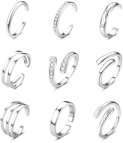 FIOROYAL 9 Stück Zehenring Set für Damen Mädchen Verstellbar 14K Vergoldet Zehenring Gold Silber CZ Triple Band Hug Offene Zehenringe Sommer Strand Fußschmuck S