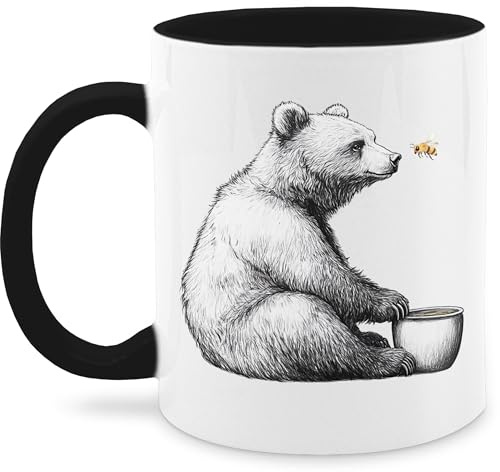 Tasse Tassen 325ml - Bär mit Honigtopf und Biene I Waldtiere Geschenk Bären Zeichnung I Geschenk Freundschaft Tiere - 325 ml - Schwarz