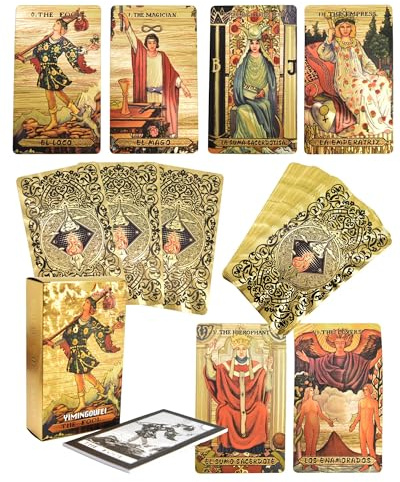 YIMINGOUFEI Baraja Tarot Español, Rider Waite Bilingüe Inglés, 78 Cartas | Baraja de tarot en español e inglés, 78 cartas Rider Waite + 2 de recambio en PVC impermeable con guía y diseño dorado.