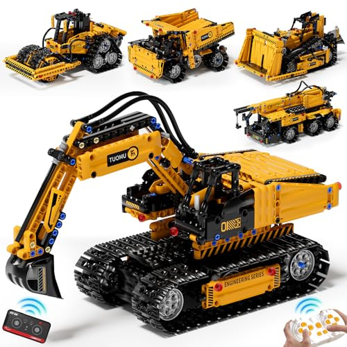 Imagibox 5 in 1 Technic STEM Building Set, 535 PCS Remote & APP Controlled Programmable Engineering Kit - Excavator Crane Truck Bulldozer Roller, Rechargeable RC Building Block, Gifts for Kid 8-14