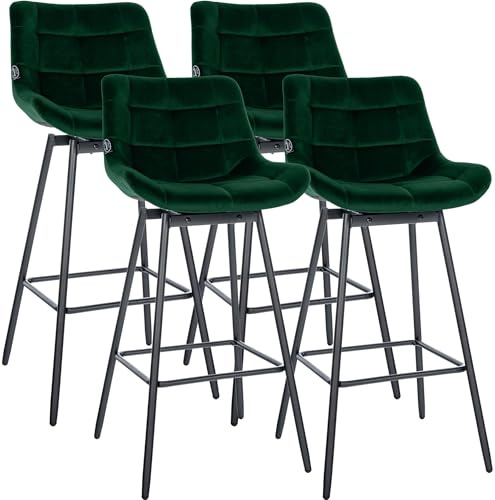 CLP Barhocker 4er Set mit Lehne Weston, Barstuhl drehbar 180° Schwenkfunktion, gepolsterter Sitz, stabiles Metallgestell, Farbe:dunkelgrün, Material:Samt