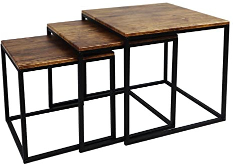 ASPECT Alana Set of 3 Nesting Table-Vintage Wooden Tops/Steel Black Legs, 40x40x42 cm