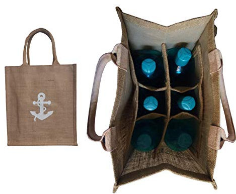 KVR Natural Jute burlap wine beer whisky vodka bottle carrier sturdy environment friendly bag with option to use as lunch bag (6 Bottle Bag, Natural - 1)