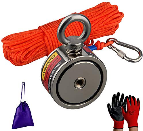 MUTUACTOR Starke Angelmagnete kombiniert 240kg Zugkraft, doppelseitiger Rückholmagnet N52 Neodym-Magnete mit 20 m langem haltbarem Seil, leistungsstarke Magnete für Angeln und magnetische Erholung