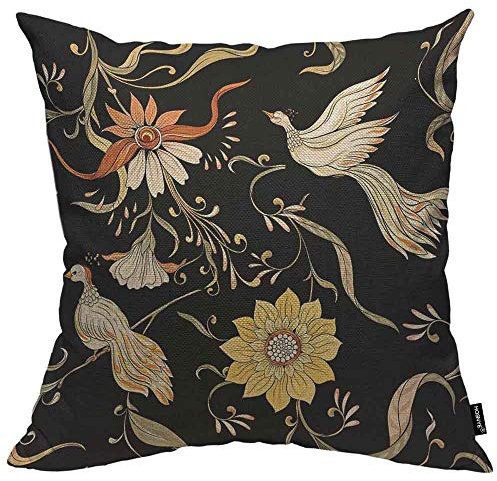 HOSNYE Kissenbezug mit Blumen und Vögeln, Jugendstil, Vintage-Stil, Baumwollleinen, für Couch, Bett, Sofa, Auto, 61 x 61 cm