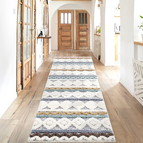 Teppich Läufer fürs Flur - 80x300cm - Hochflor Weich - Boho Design - Pastell Multi - -Skandinavisch Raute Ornamente Muster - Schlafzimmer