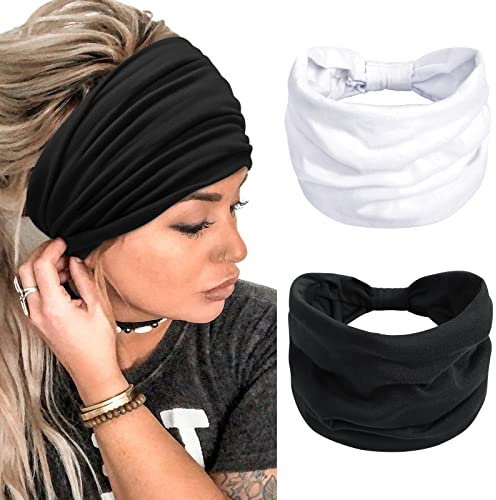 Haarband Damen Extra Breit Stirnband Boho Haarbänder Yoga Knot Stirnbänder Sport Elastische Haarschmuck(Schwarz +Weiß)