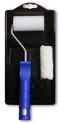 DERPOL - Set rullo pittura piccolo per imbiancare o decorare con vernice alla nitro, acqua e smalti - 1 ricambio in spugna (Moltopren) e 1 in Velour - Larghezza 7 cm - con vaschetta antigocciolamento.