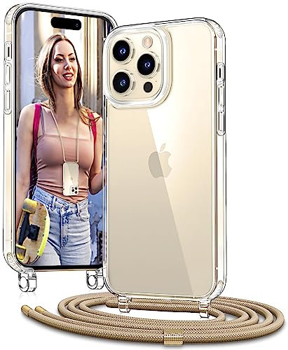 Vaykwo Handykette mit Band für Apple iPhone 14 Pro Hülle - Necklace Handyhülle - Transparente Case zum Umhängen mit Kameraschutz und Bildschirmschutz - Golden