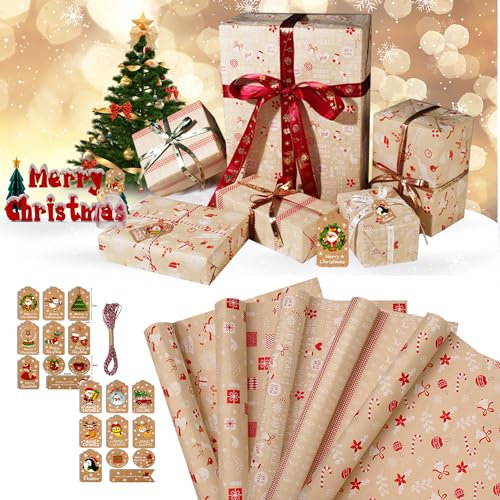 Geschenkpapier Weihnachten 5 Rolle,43Cm×2M Großes Öko Kraftpapier Weihnachts Geschenkpapier Set 5 Rollen,Rot Braunes Buntes XXL Gift Wrapping Papier Für Kinder Freunde Familie Xmas Geburtstag Geschenk