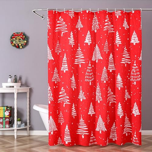 Muuyi Weihnachten Duschvorhang, Winter Duschvorhang für Badezimmer, 3D Prägung Waschbar Wasserdicht Tuch Stoff Weihnachtsbaum Duschvorhang Set mit 12 Haken, 72 x 72 Zoll