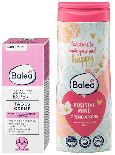 Balea 2er-Set Hautpflege: Beauty Expert TAGESCREME Anti-Aging Gesichtscreme für strahlende Haut, schützt, regeneriert & pflegt (50 ml) + Duschgel POSITIVE MIND Cremedusche pH-neutral (300 ml), 350 ml